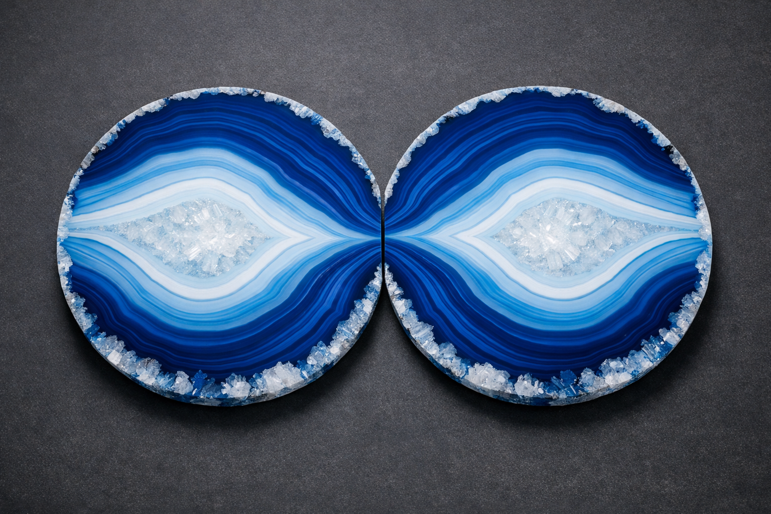 Bookmatched blue agate polished slab pair showing mirror-image banding patterns
