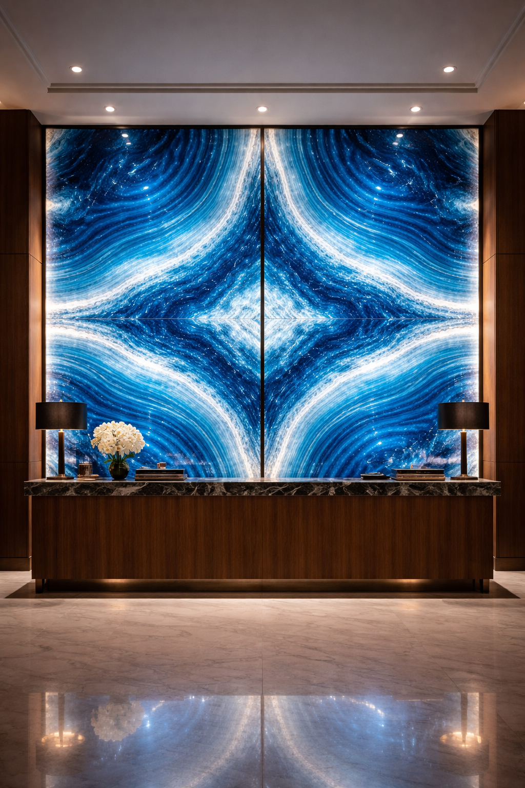 Luxury hotel lobby — backlit blue agate bookmatched feature wall