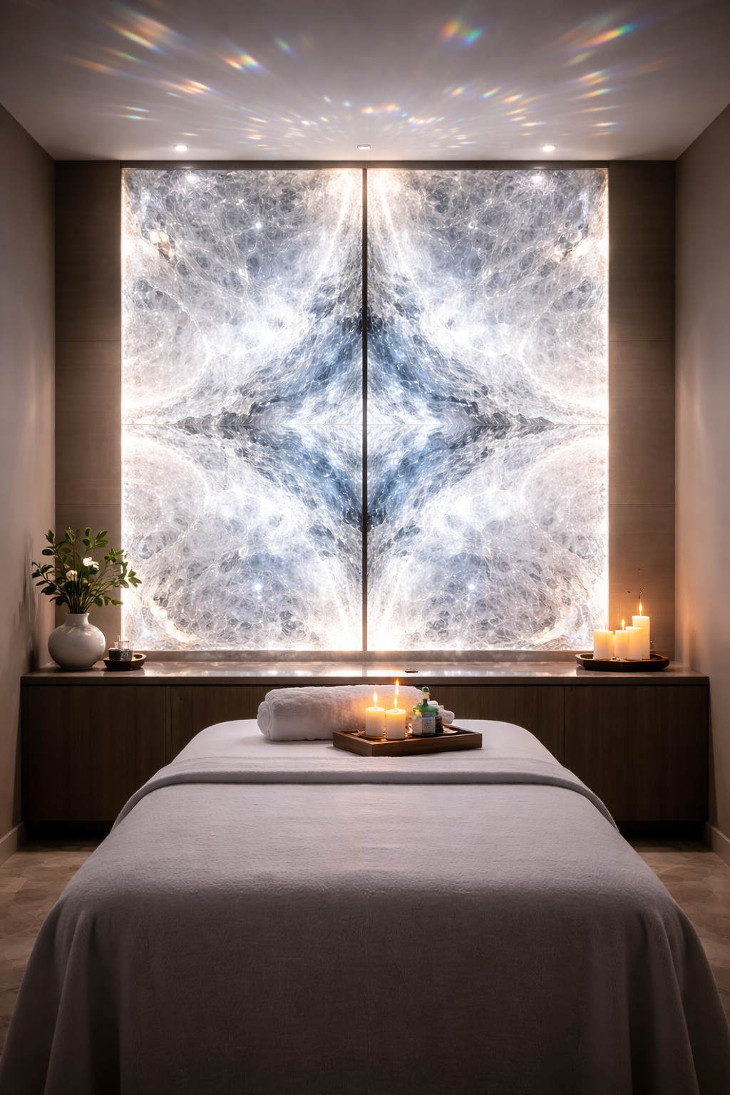 Private spa — backlit crystal quartz bookmatched wall panels