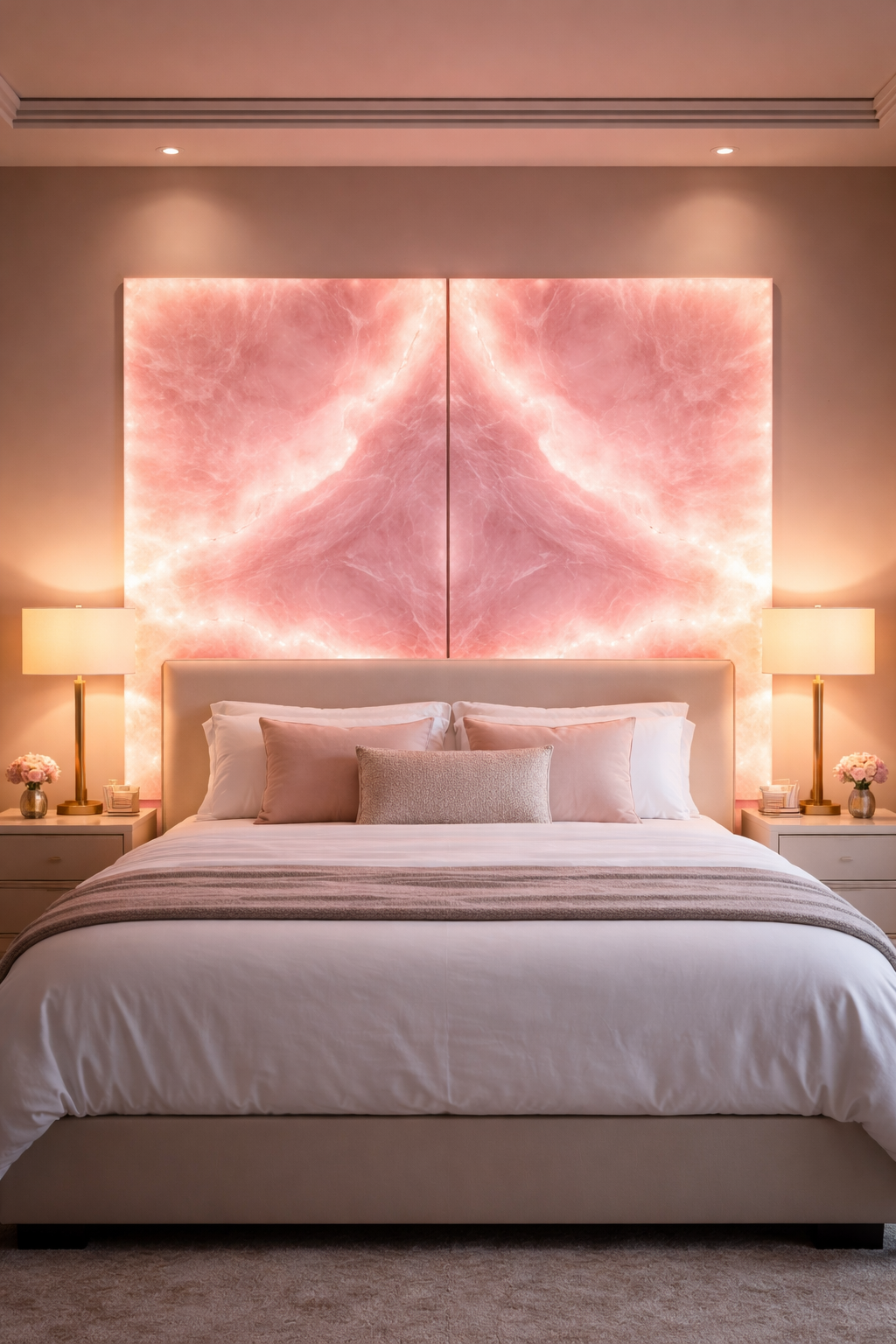 Bespoke rose quartz backlit headboard in master bedroom
