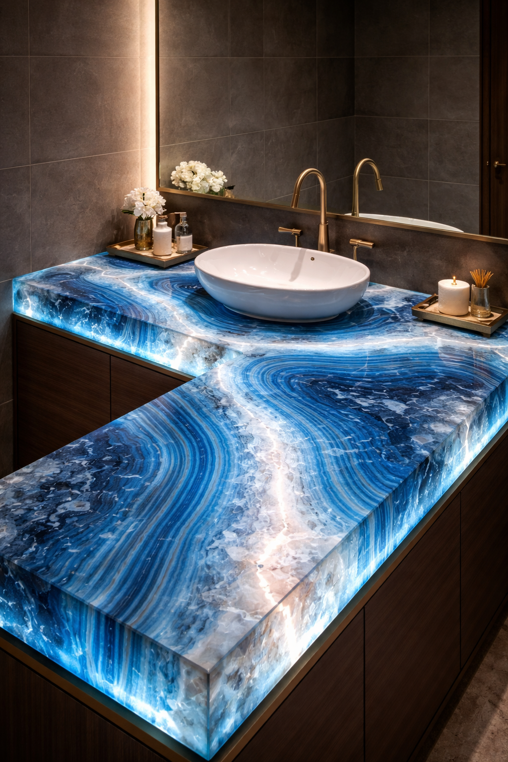 Backlit blue agate vanity countertop in luxury bathroom
