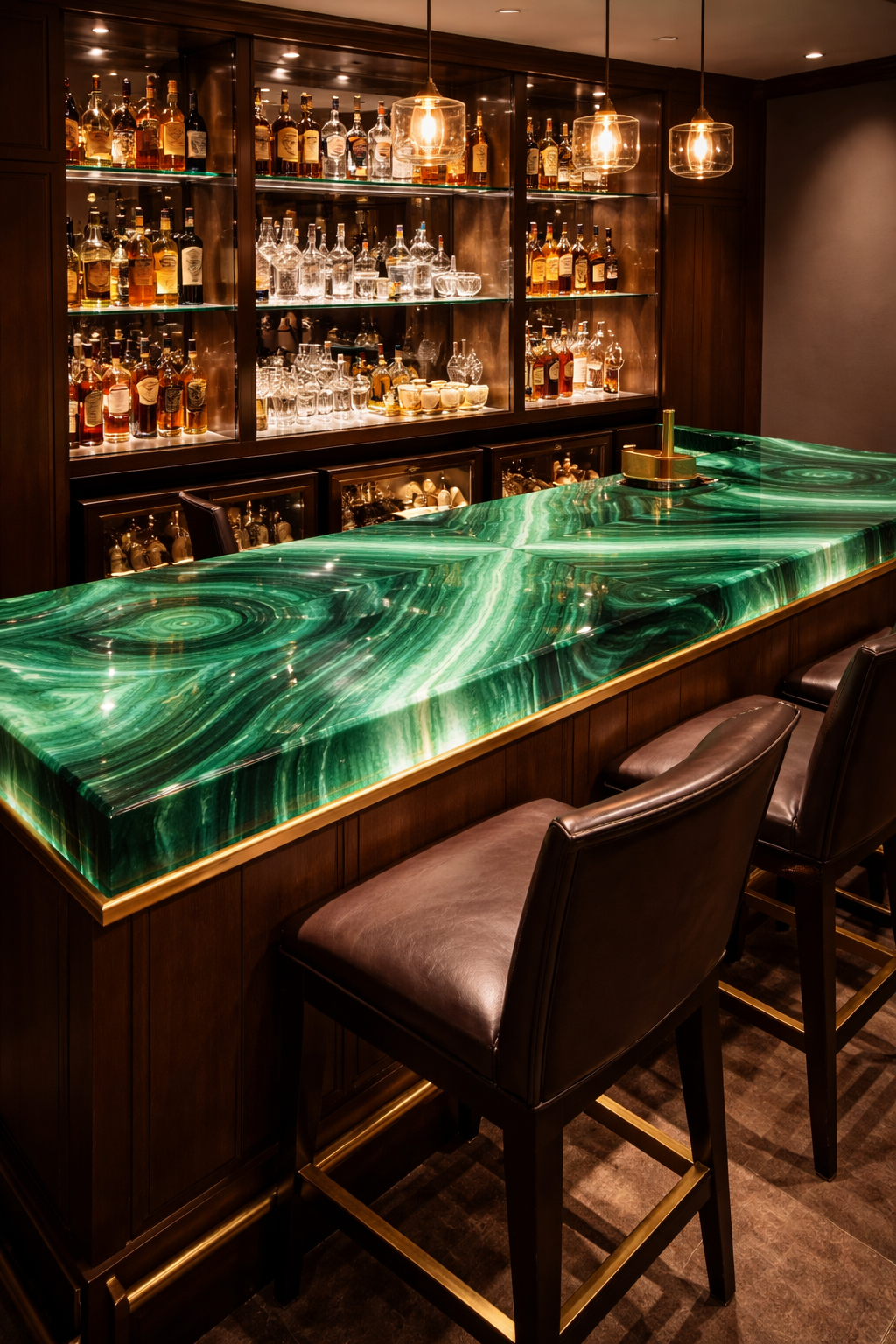 Fine dining — backlit malachite bar counter